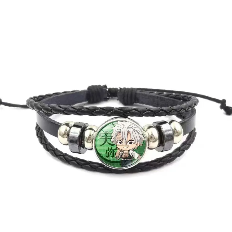 Demon Slayer Leather Braided Bracelet – Layered Stackable Wristband, Cute & Edgy Anime Cosplay Jewelry, Unisex Gift for Fans